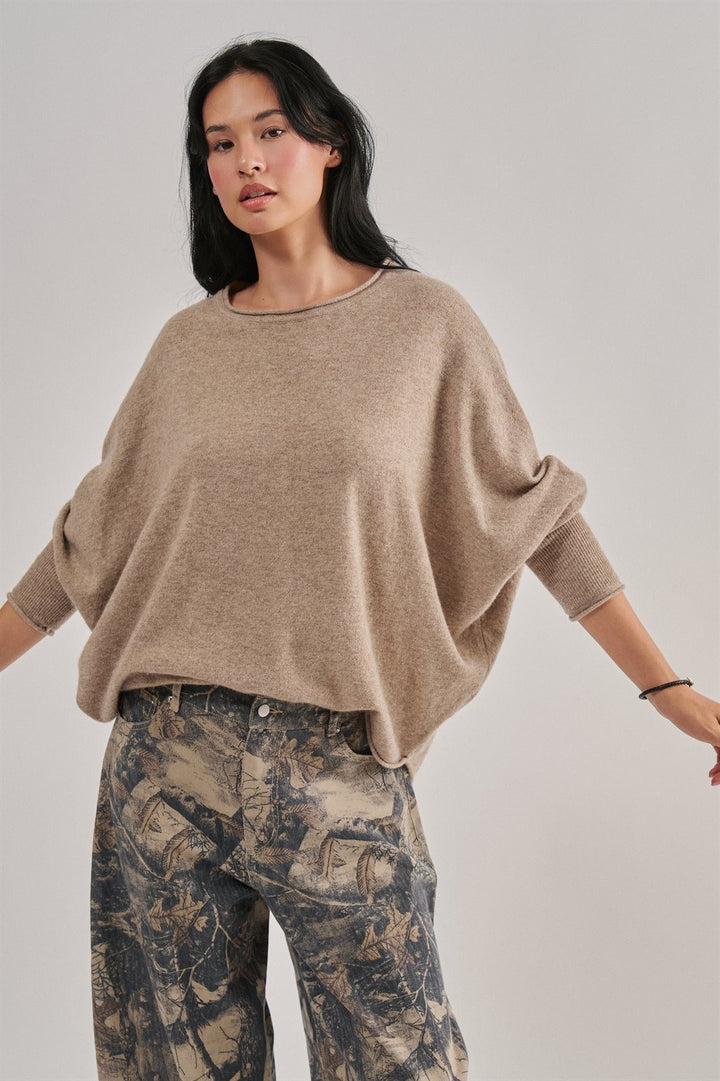 Boho Dolman Sleeve Boat Neck Slouchy Knit Top in Mocha - Women's Wholesale Sweaters | Trend Notes