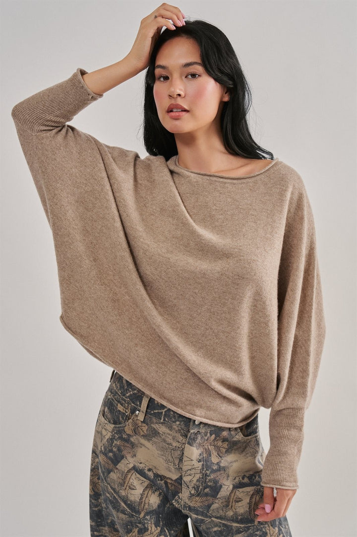 Boho Dolman Sleeve Boat Neck Slouchy Knit Top in Mocha - Women's Wholesale Sweaters | Trend Notes