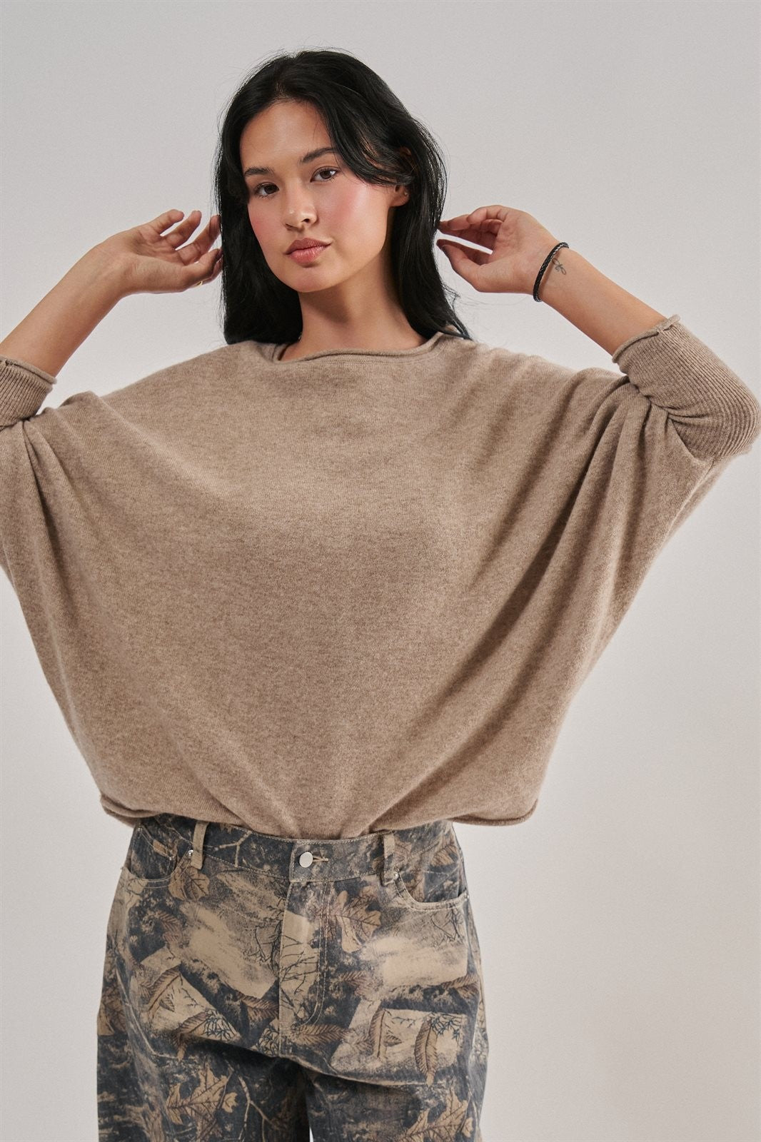 Boho Dolman Sleeve Boat Neck Slouchy Knit Top in Mocha - Women's Wholesale Sweaters | Trend Notes
