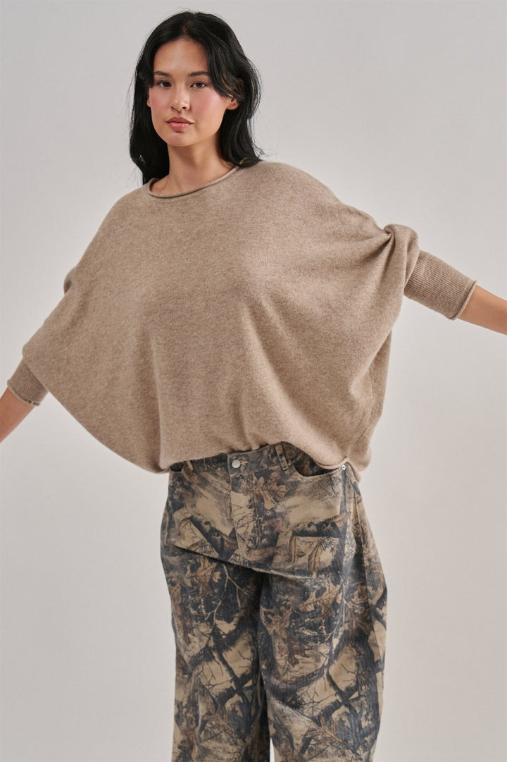 Boho Dolman Sleeve Boat Neck Slouchy Knit Top in Mocha - Women's Wholesale Sweaters | Trend Notes