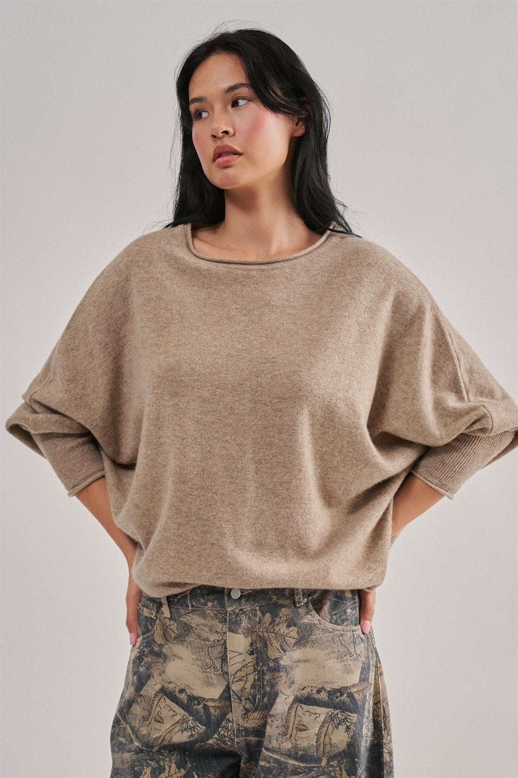 Boho Dolman Sleeve Boat Neck Slouchy Knit Top in Mocha - Women's Wholesale Sweaters | Trend Notes