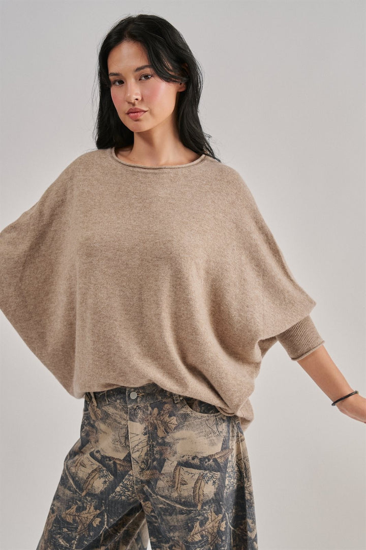 Boho Dolman Sleeve Boat Neck Slouchy Knit Top in Mocha - Women's Wholesale Sweaters | Trend Notes