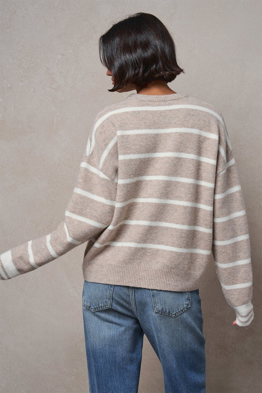 Fuzzy Stripe Crewneck Sweater in Ivory Beige - Women's Wholesale Sweaters | Trend Notes