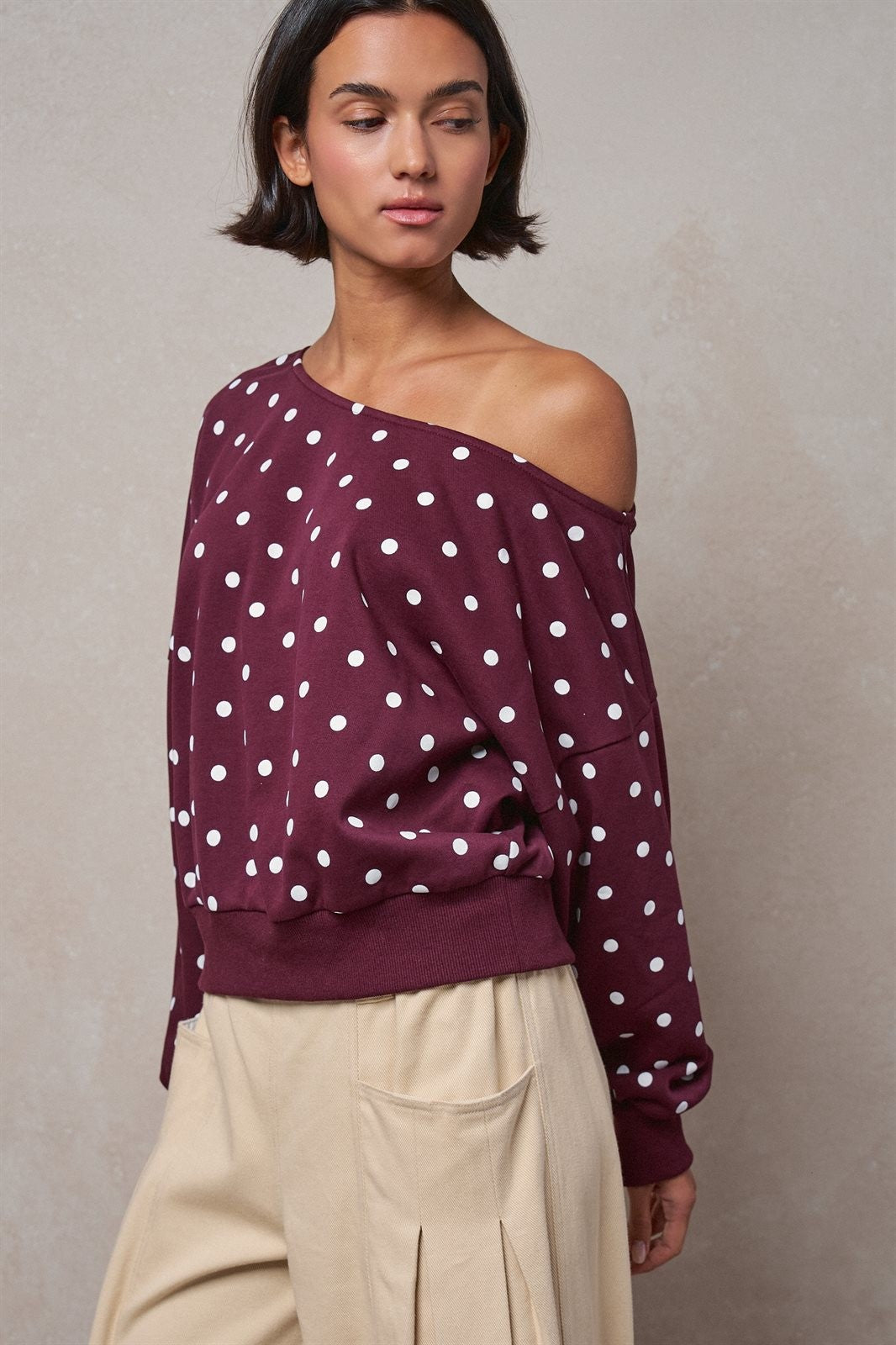 Polka Dot Off-Shoulder French Terry Sweatshirt in Burgundy - Women's Wholesale T-Shirts & Polos | Trend Notes