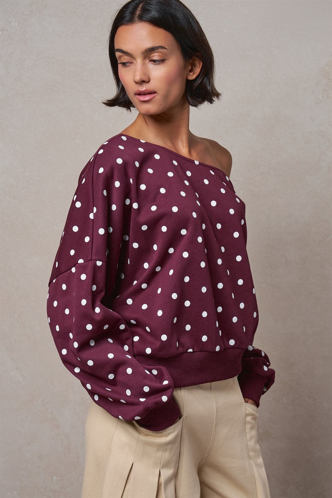 Polka Dot Off-Shoulder French Terry Sweatshirt in Burgundy - Women's Wholesale T-Shirts & Polos | Trend Notes