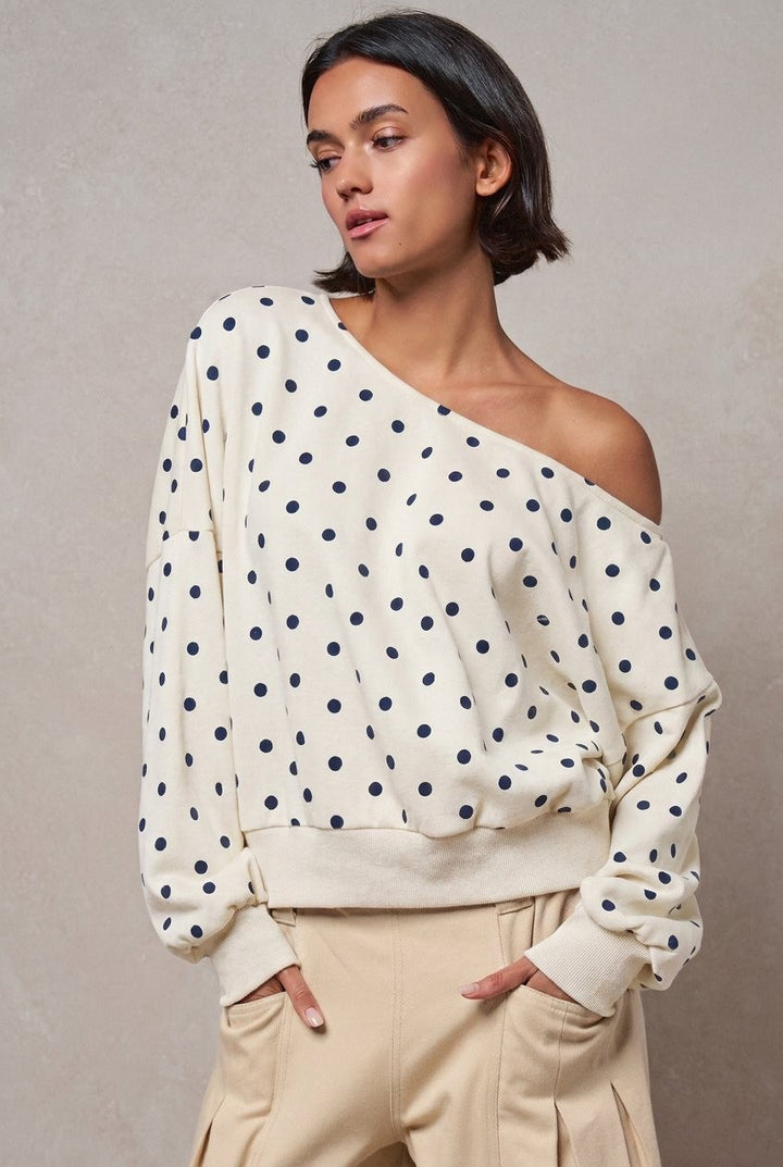 Polka Dot Off-Shoulder French Terry Sweatshirt in Ivory - Women's Wholesale T-Shirts & Polos | Trend Notes