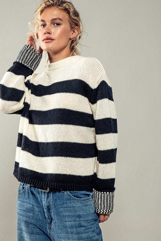 Rugby Striped Chunky Knit Pullover Sweater in Black - Women's Wholesale Sweaters | Trend Notes