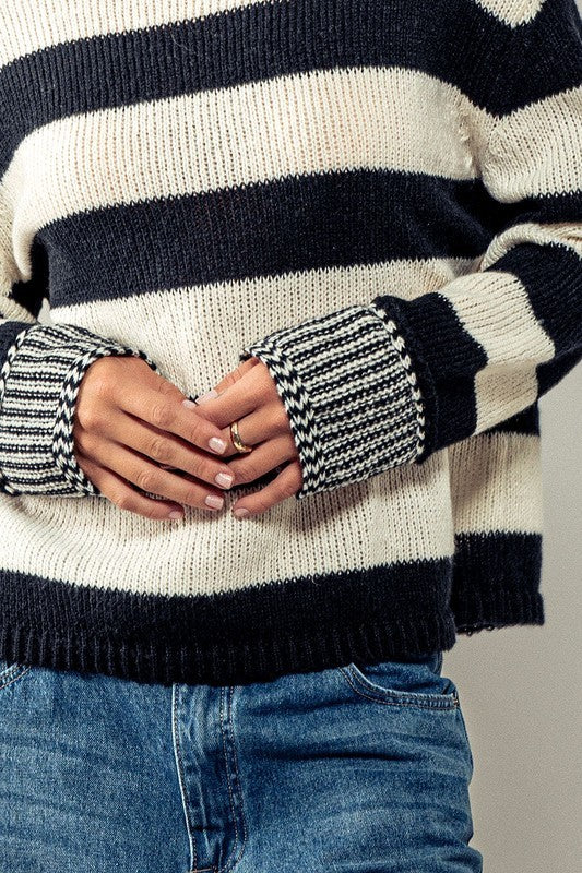 Rugby Striped Chunky Knit Pullover Sweater in Black - Women's Wholesale Sweaters | Trend Notes