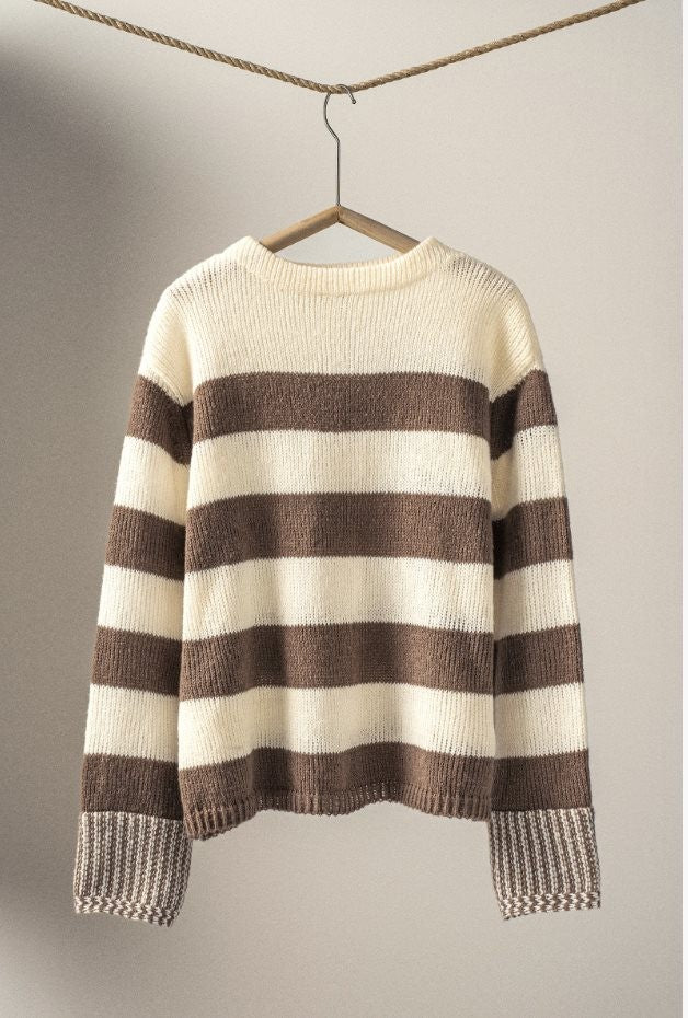 Rugby Striped Chunky Knit Pullover Sweater in Brown - Women's Wholesale Sweaters | Trend Notes