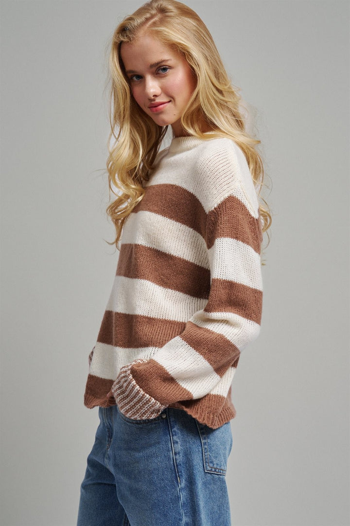 Rugby Striped Chunky Knit Pullover Sweater in Brown - Women's Wholesale Sweaters | Trend Notes