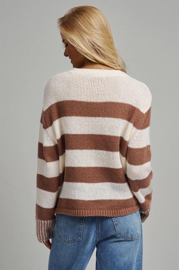 Rugby Striped Chunky Knit Pullover Sweater in Brown - Women's Wholesale Sweaters | Trend Notes
