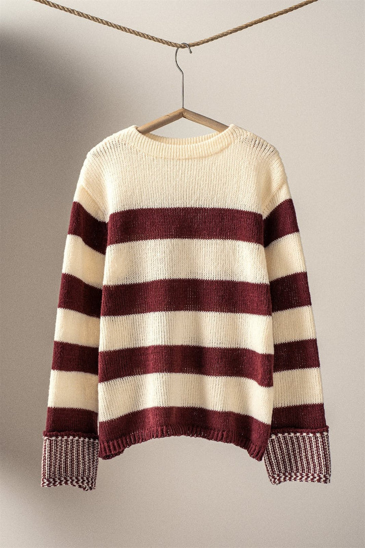 Rugby Striped Chunky Knit Pullover Sweater in Burgundy - Women's Wholesale Sweaters | Trend Notes