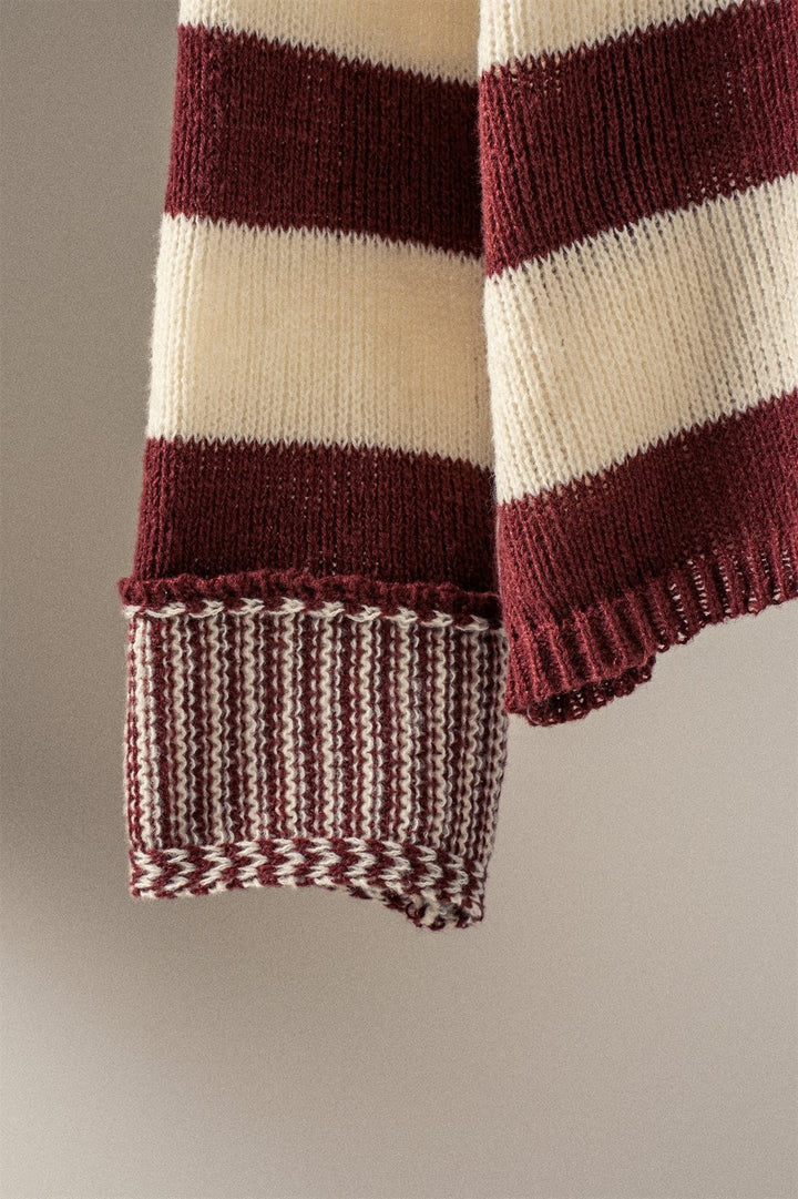 Rugby Striped Chunky Knit Pullover Sweater in Burgundy - Women's Wholesale Sweaters | Trend Notes