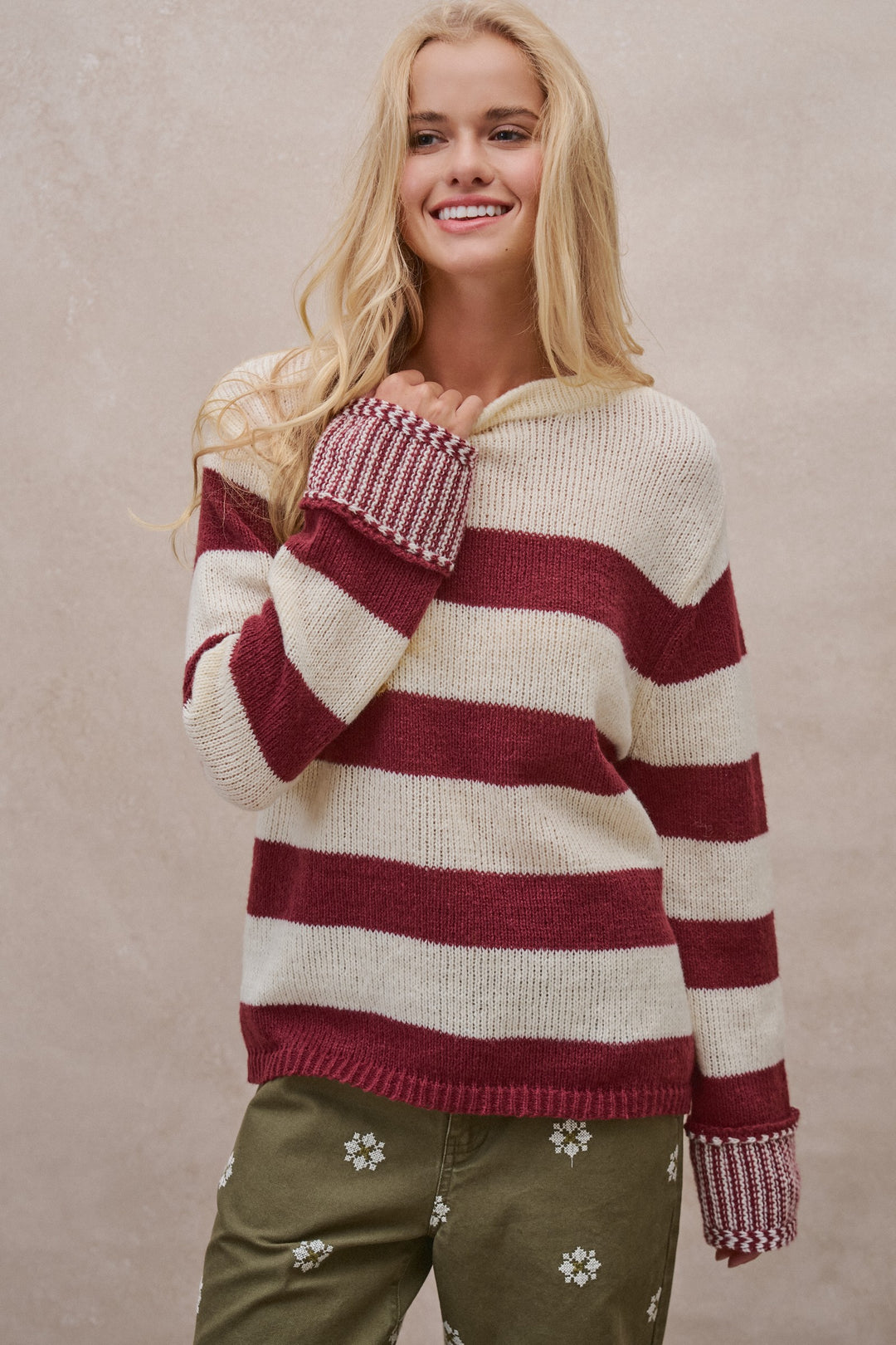 Rugby Striped Chunky Knit Pullover Sweater in Burgundy - Women's Wholesale Sweaters | Trend Notes