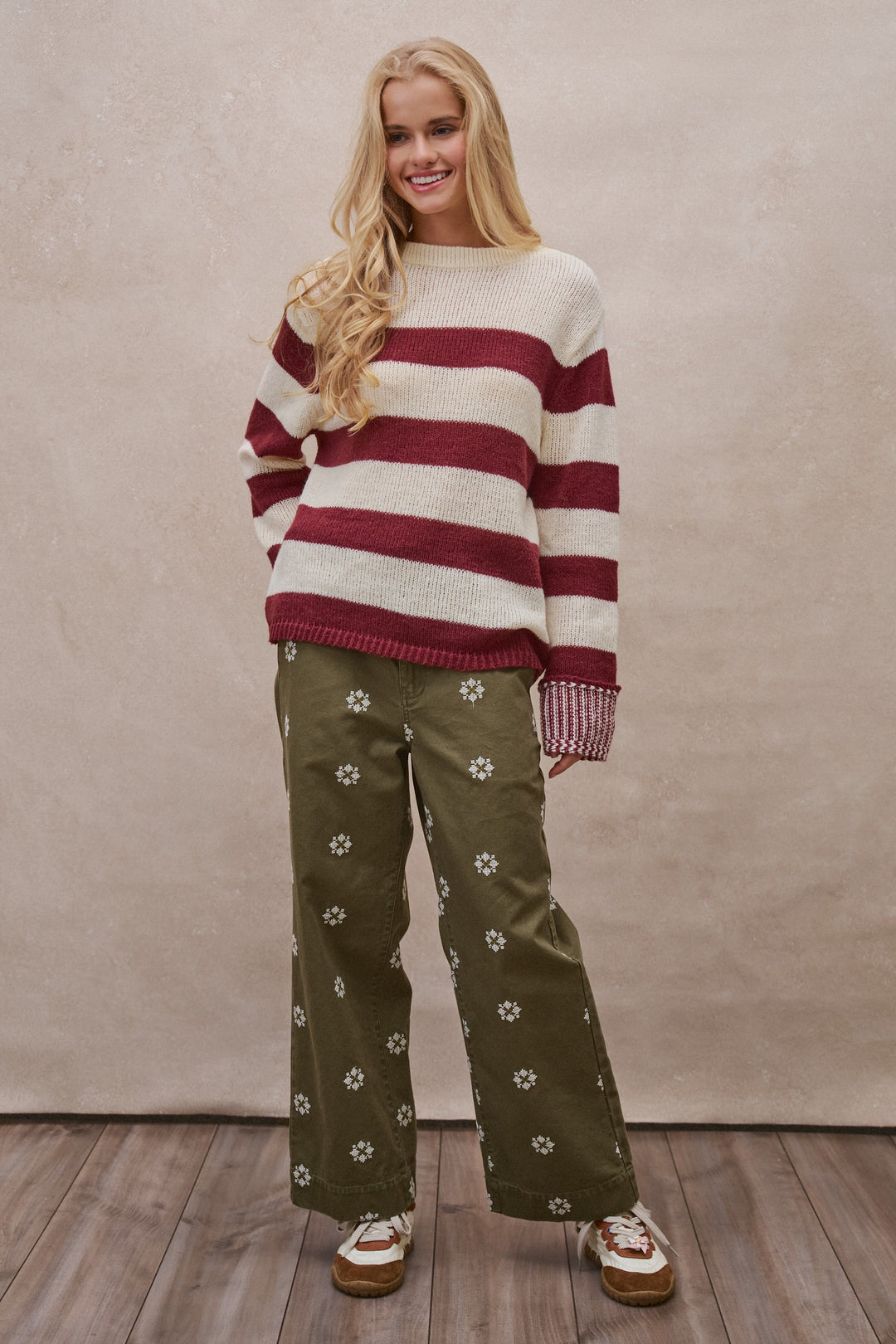 Rugby Striped Chunky Knit Pullover Sweater in Burgundy - Women's Wholesale Sweaters | Trend Notes