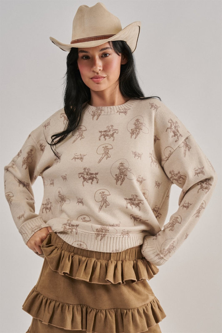 Western Cowboy Print Drop Shoulder Knit Sweater in Khaki - Women's Wholesale Sweaters | Trend Notes