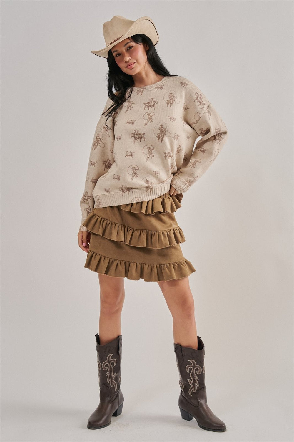 Western Cowboy Print Drop Shoulder Knit Sweater in Khaki - Women's Wholesale Sweaters | Trend Notes