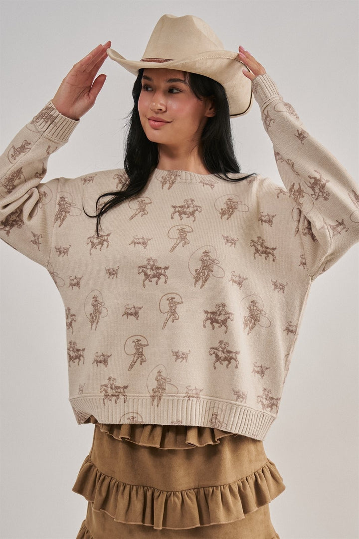 Western Cowboy Print Drop Shoulder Knit Sweater in Khaki - Women's Wholesale Sweaters | Trend Notes