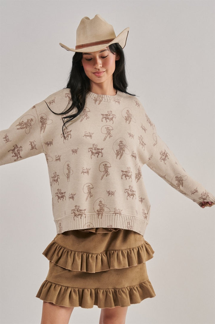 Western Cowboy Print Drop Shoulder Knit Sweater in Khaki - Women's Wholesale Sweaters | Trend Notes