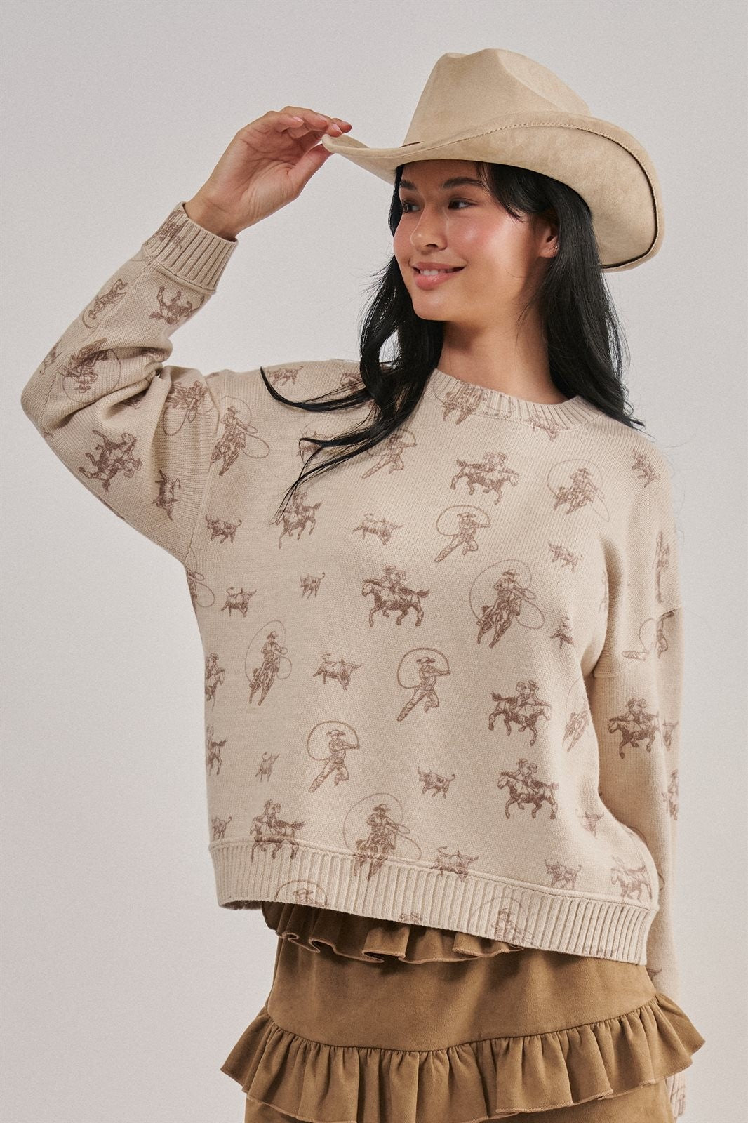 Western Cowboy Print Drop Shoulder Knit Sweater in Khaki - Women's Wholesale Sweaters | Trend Notes