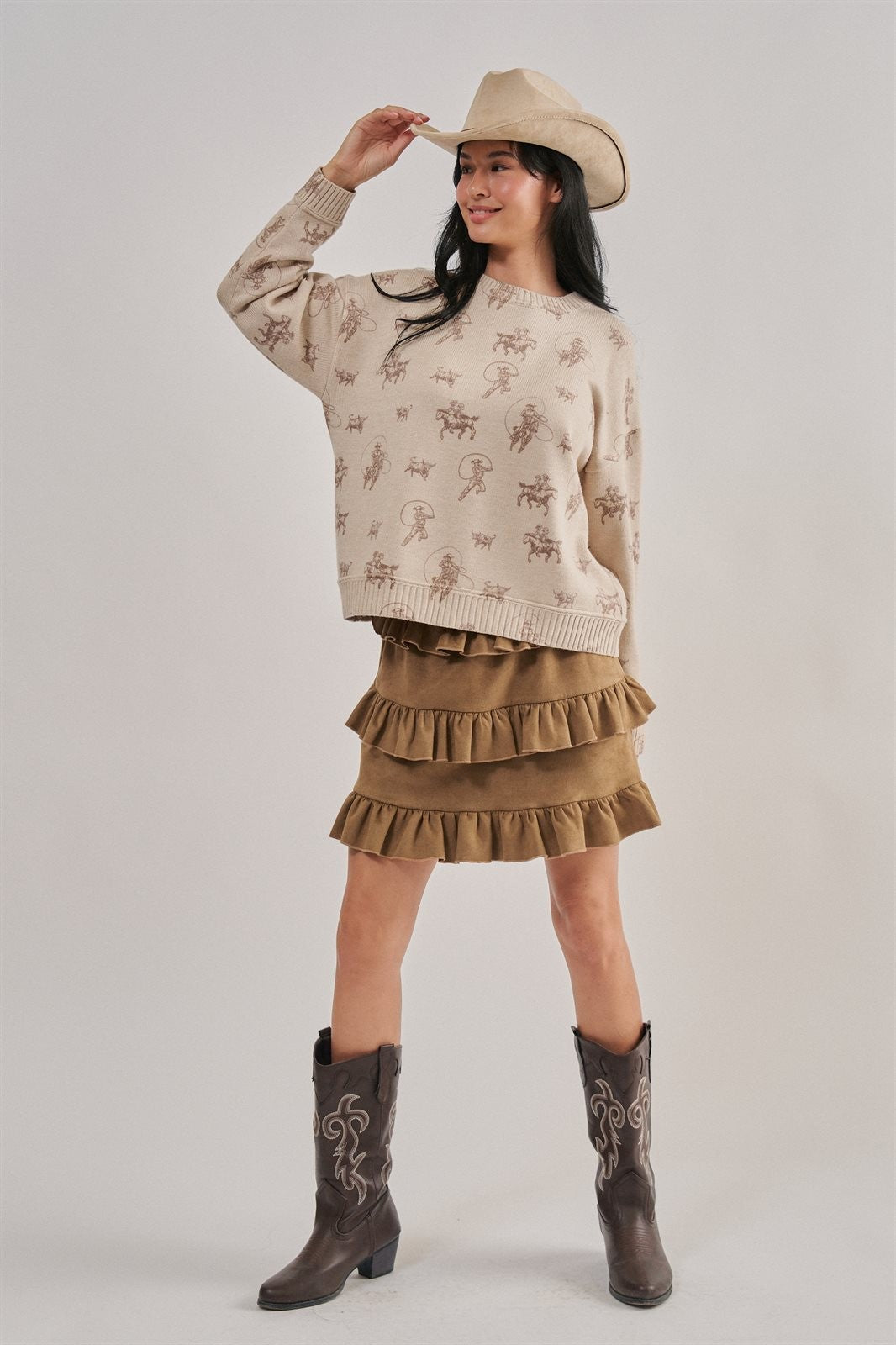 Western Cowboy Print Drop Shoulder Knit Sweater in Khaki - Women's Wholesale Sweaters | Trend Notes