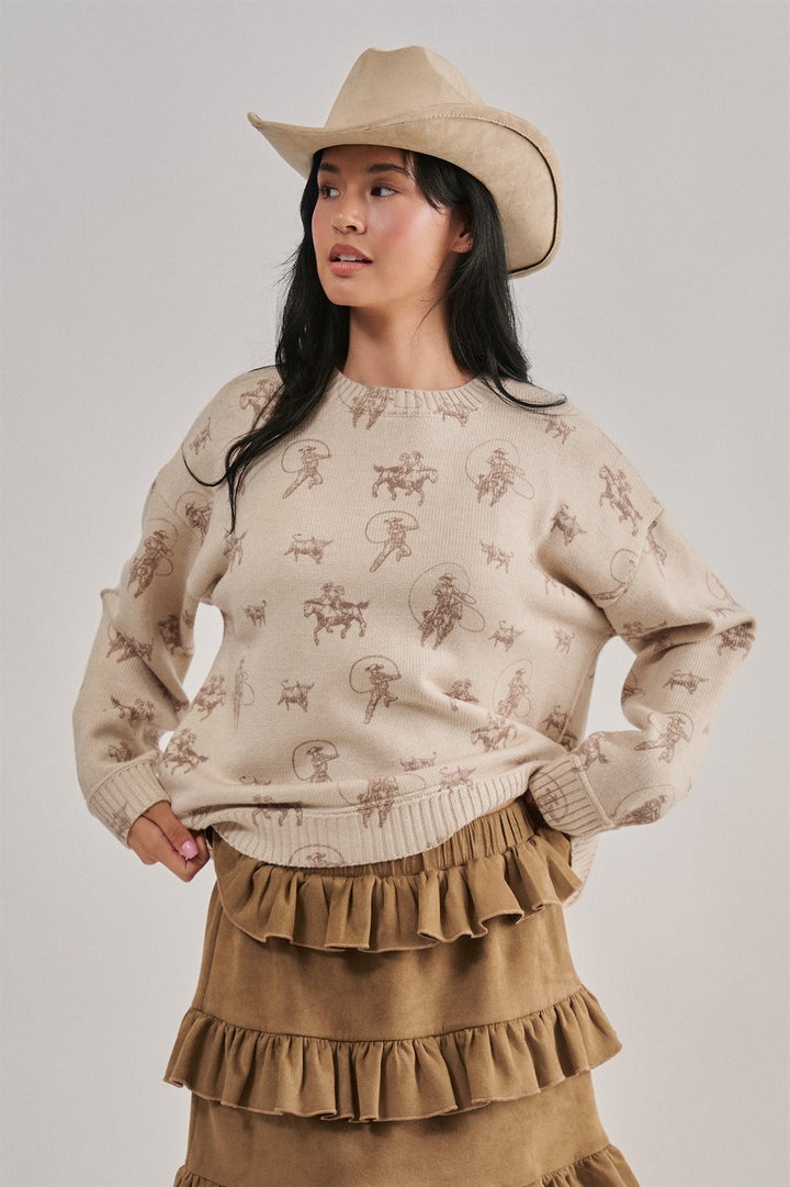 Western Cowboy Print Drop Shoulder Knit Sweater in Khaki - Women's Wholesale Sweaters | Trend Notes