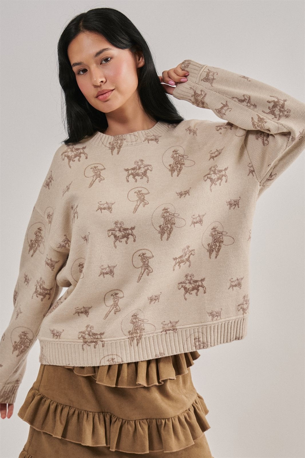 Western Cowboy Print Drop Shoulder Knit Sweater in Khaki - Women's Wholesale Sweaters | Trend Notes