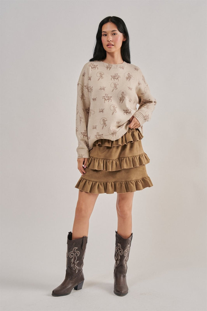 Western Cowboy Print Drop Shoulder Knit Sweater in Khaki - Women's Wholesale Sweaters | Trend Notes