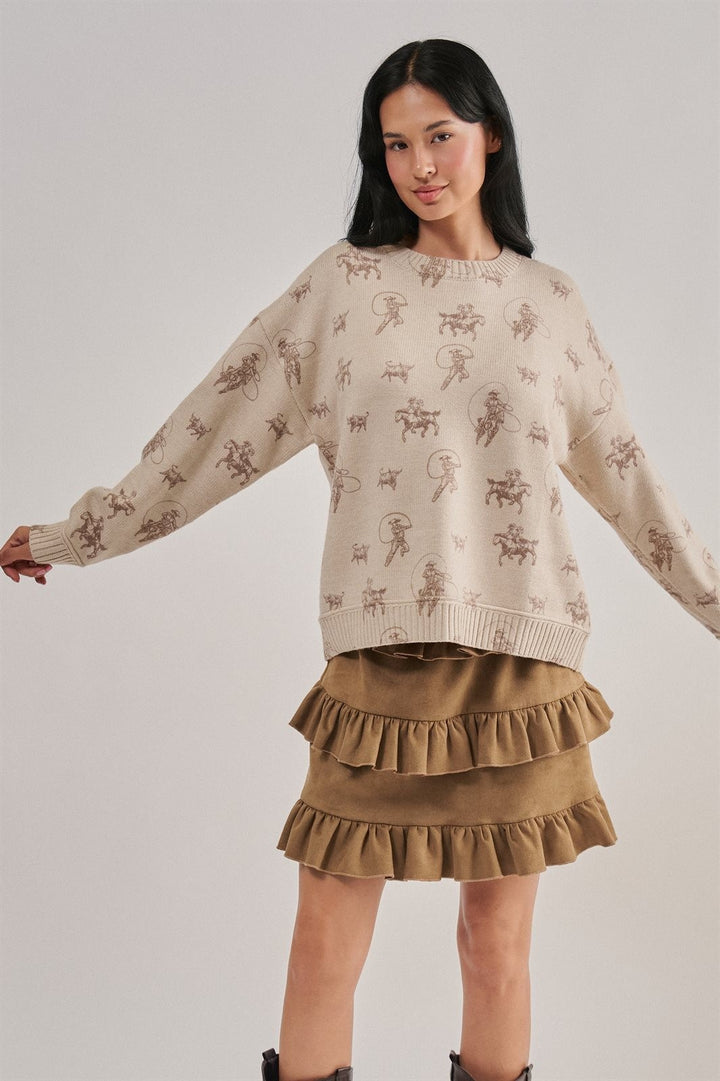 Western Cowboy Print Drop Shoulder Knit Sweater in Khaki - Women's Wholesale Sweaters | Trend Notes