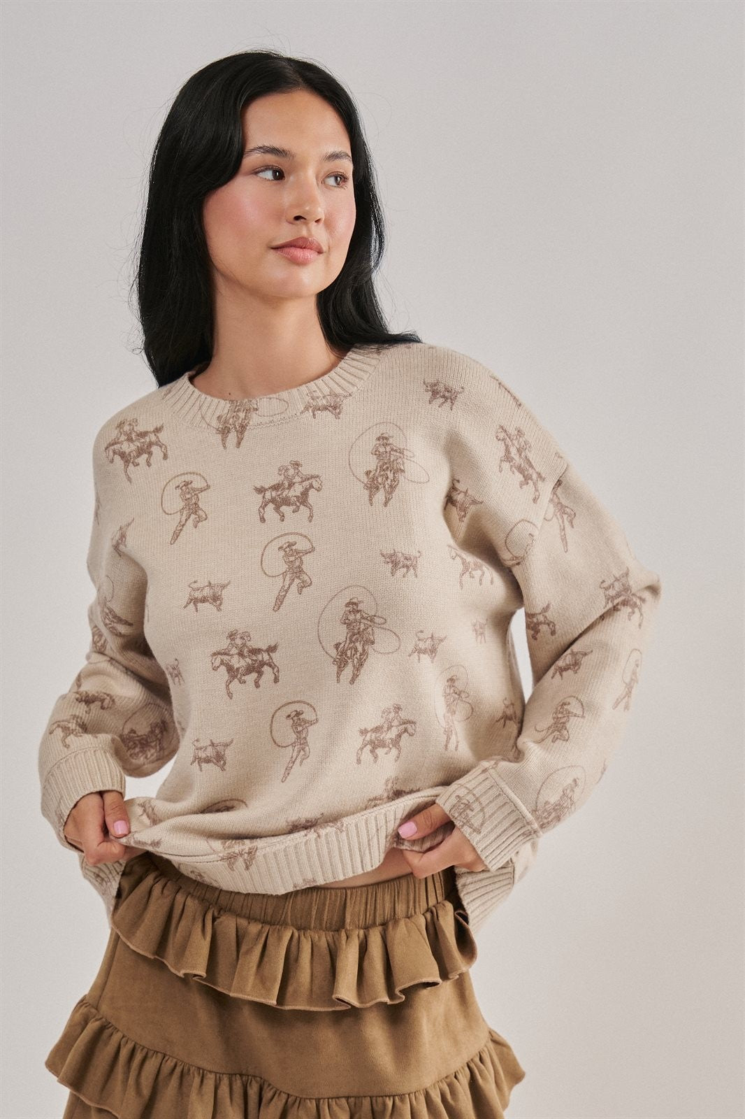 Western Cowboy Print Drop Shoulder Knit Sweater in Khaki - Women's Wholesale Sweaters | Trend Notes