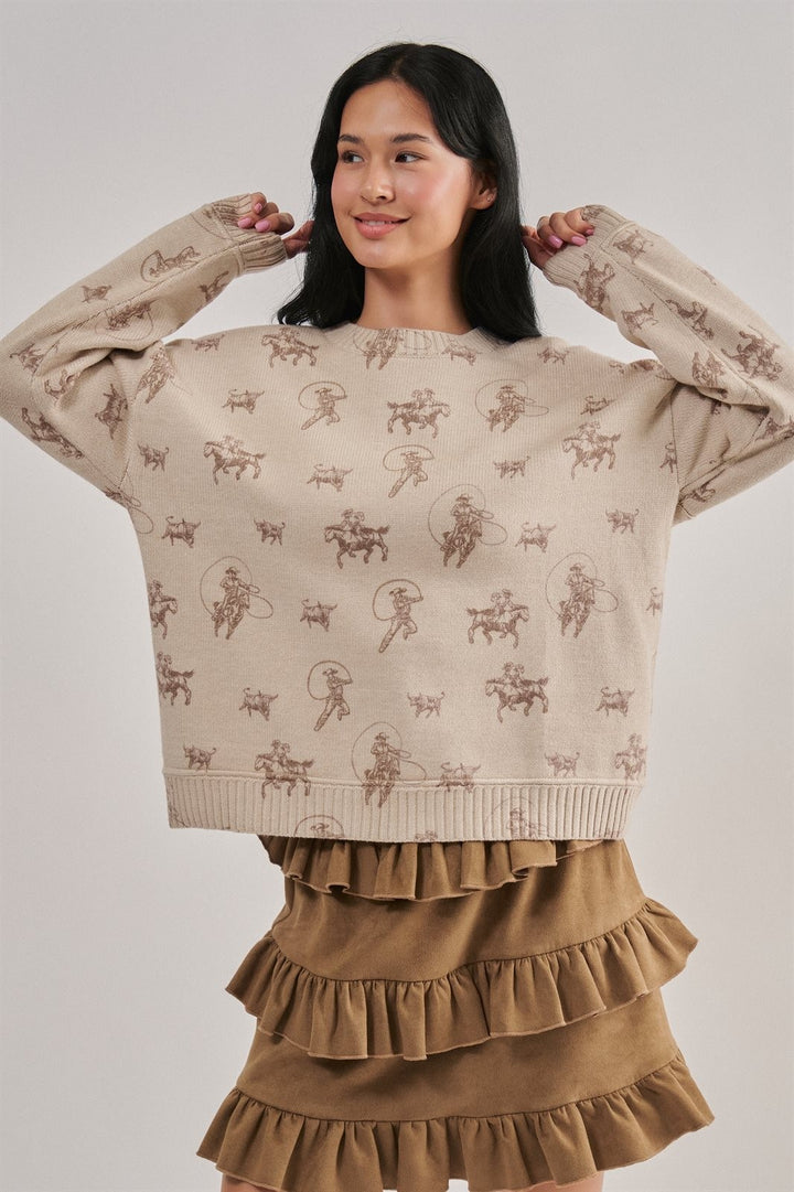 Western Cowboy Print Drop Shoulder Knit Sweater in Khaki - Women's Wholesale Sweaters | Trend Notes