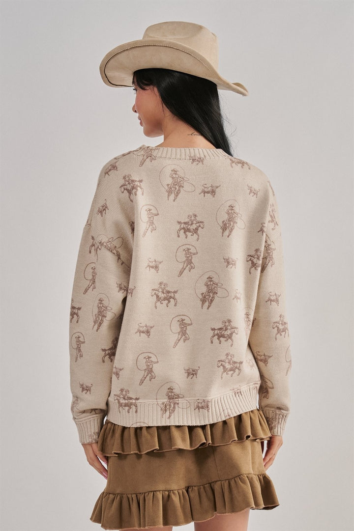 Western Cowboy Print Drop Shoulder Knit Sweater in Khaki - Women's Wholesale Sweaters | Trend Notes