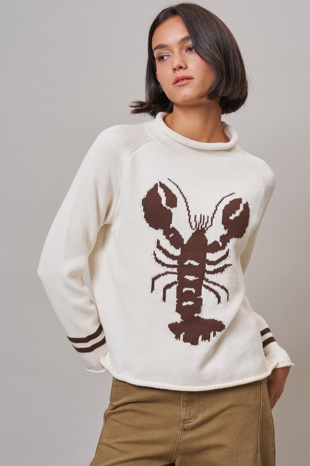 Lobster Intarsia Mock Neck Knit Sweater in Ivory - Women's Wholesale Sweaters | Trend Notes