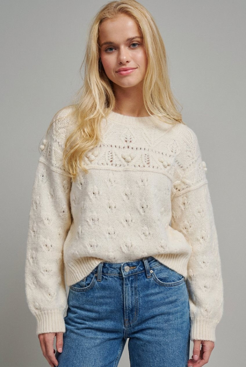 Pointelle Bobble Knit Sweater in Cream - Women's Wholesale Sweaters | Trend Notes