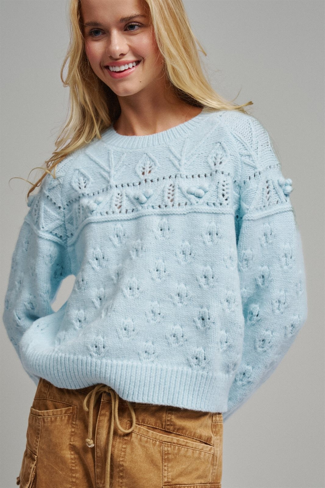 Pointelle Bobble Knit Sweater in Pastel Blue - Women's Wholesale Sweaters | Trend Notes