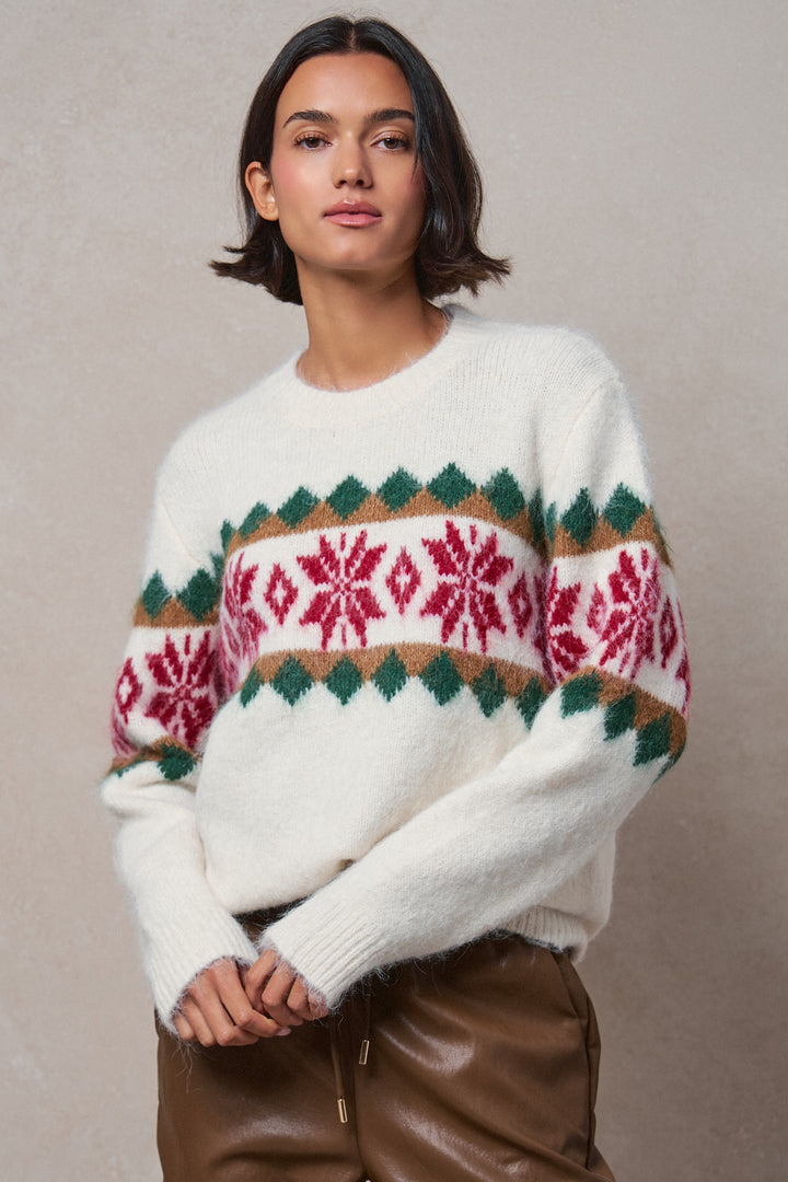 Fair Isle Snowflake Crew Neck Knit Sweater in Ivory - Women's Wholesale Sweaters | Trend Notes