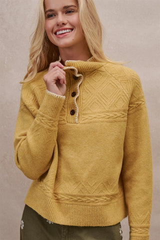 Cable Knit Mock Neck Button Pullover Sweater in Mustard - Women's Wholesale Sweaters | Trend Notes