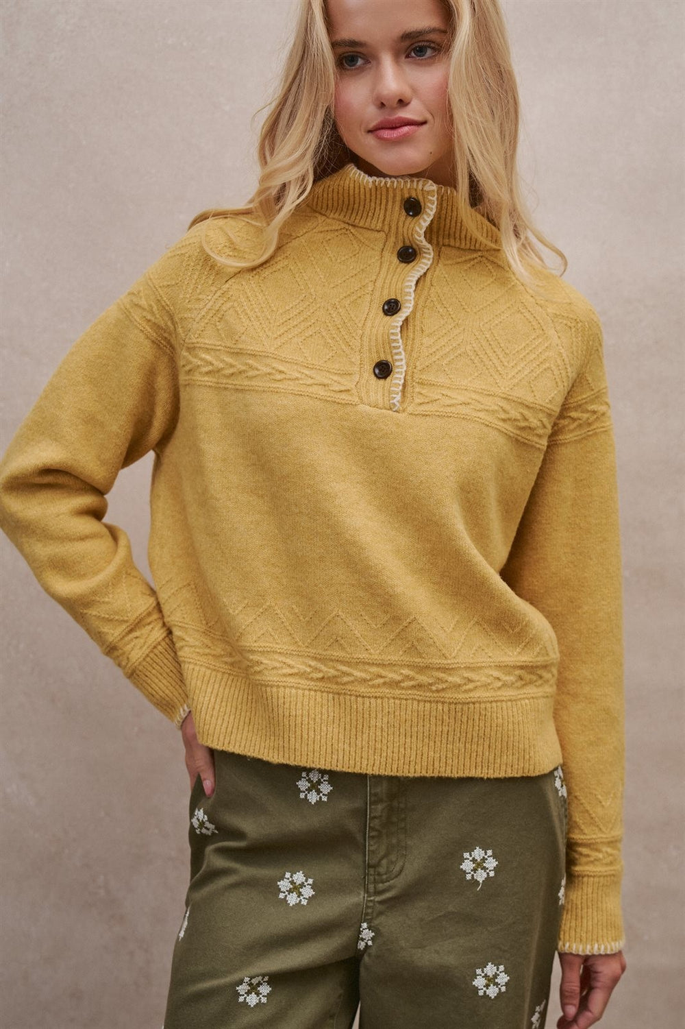 Cable Knit Mock Neck Button Pullover Sweater in Mustard - Women's Wholesale Sweaters | Trend Notes