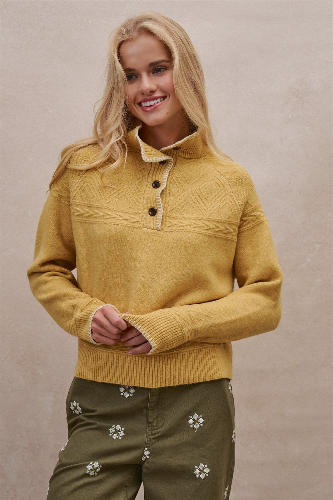 Cable Knit Mock Neck Button Pullover Sweater in Mustard - Women's Wholesale Sweaters | Trend Notes