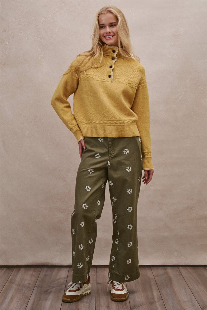 Cable Knit Mock Neck Button Pullover Sweater in Mustard - Women's Wholesale Sweaters | Trend Notes