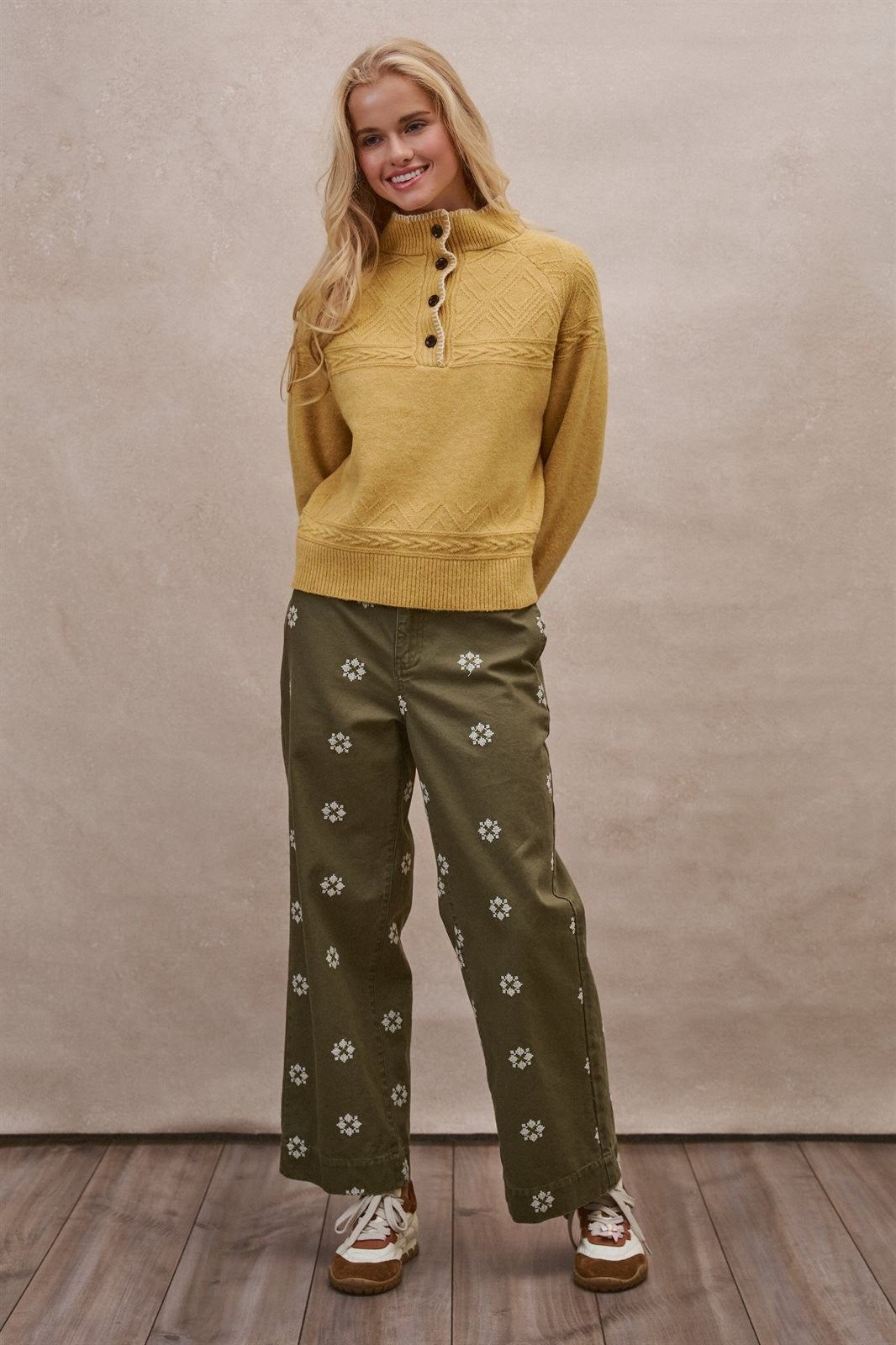 Cable Knit Mock Neck Button Pullover Sweater in Mustard - Women's Wholesale Sweaters | Trend Notes