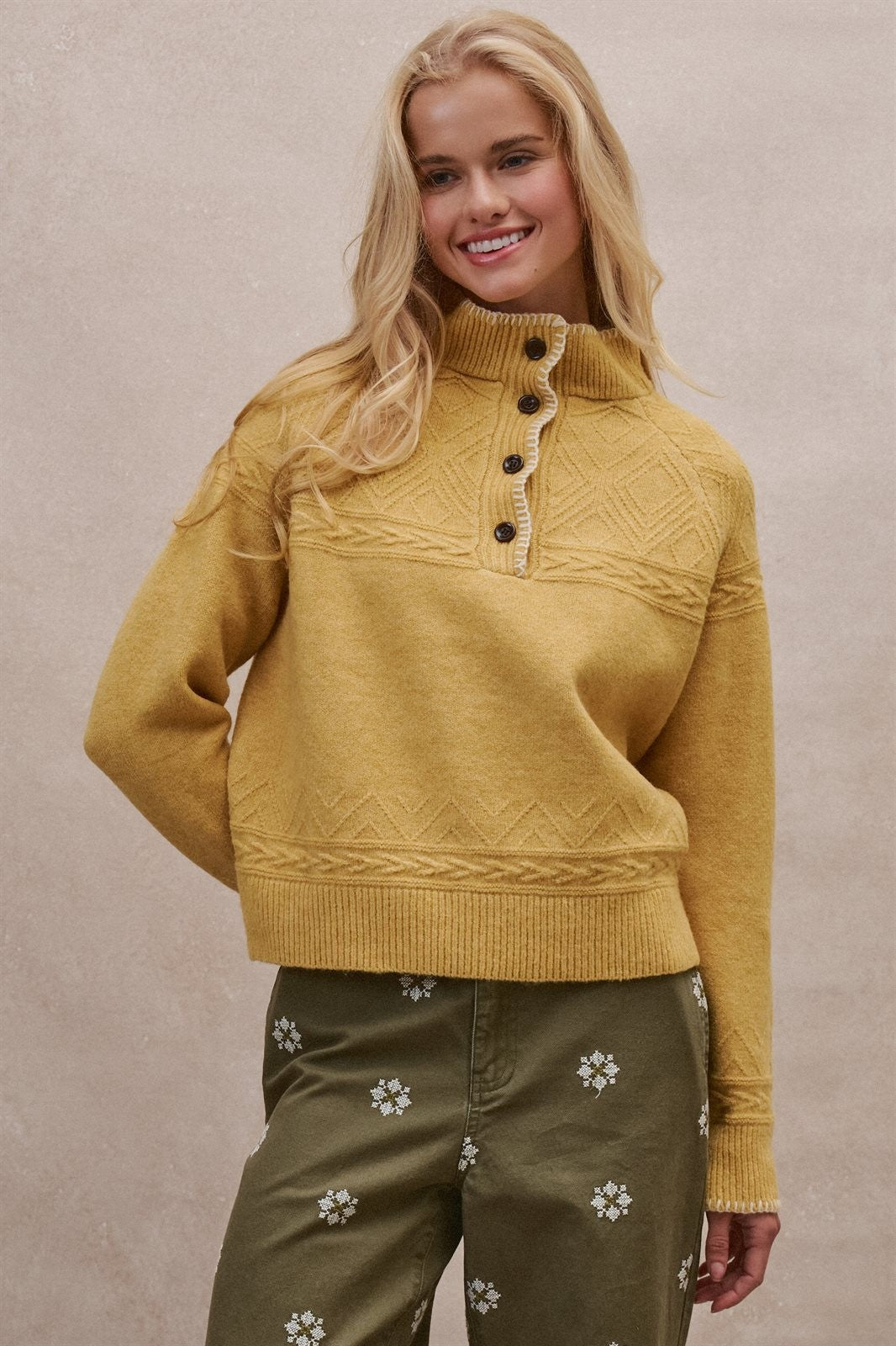 Cable Knit Mock Neck Button Pullover Sweater in Mustard - Women's Wholesale Sweaters | Trend Notes