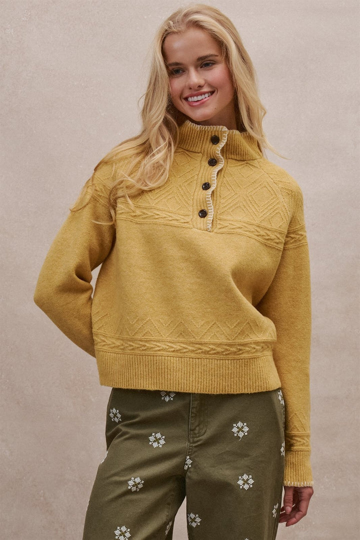 Cable Knit Mock Neck Button Pullover Sweater in Mustard - Women's Wholesale Sweaters | Trend Notes