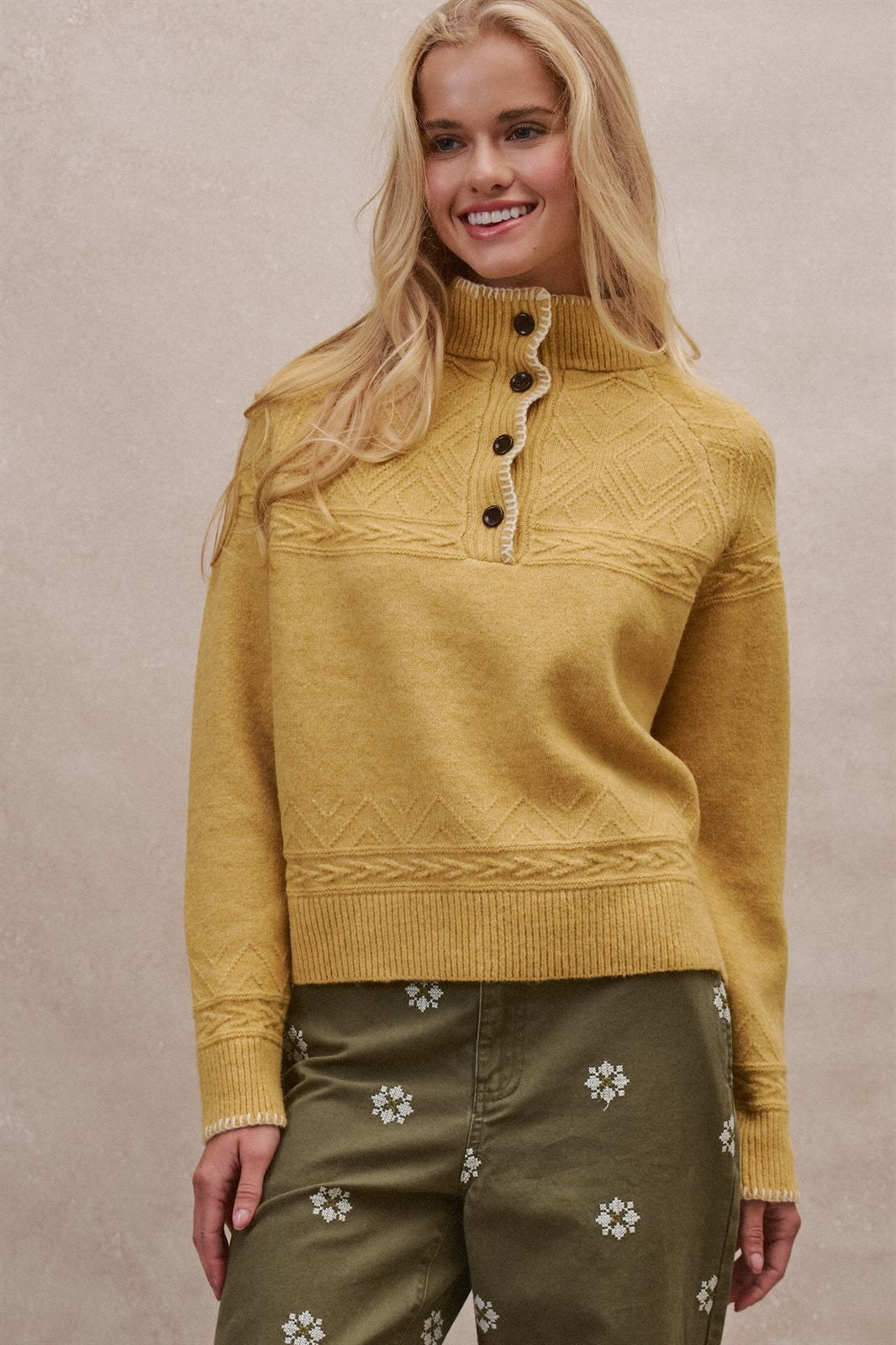 Cable Knit Mock Neck Button Pullover Sweater in Mustard - Women's Wholesale Sweaters | Trend Notes