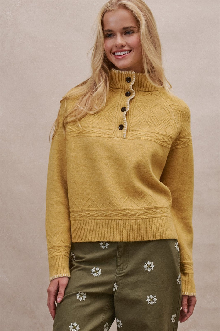 Cable Knit Mock Neck Button Pullover Sweater in Mustard - Women's Wholesale Sweaters | Trend Notes