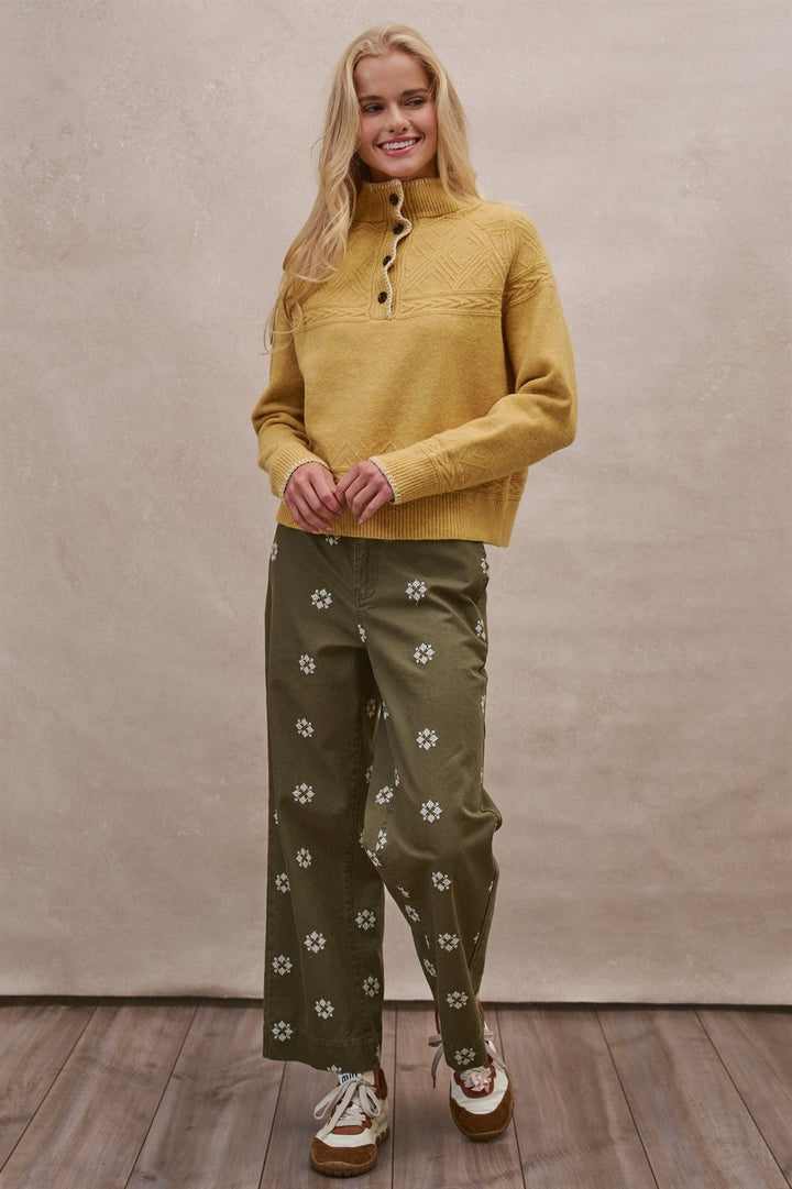Cable Knit Mock Neck Button Pullover Sweater in Mustard - Women's Wholesale Sweaters | Trend Notes
