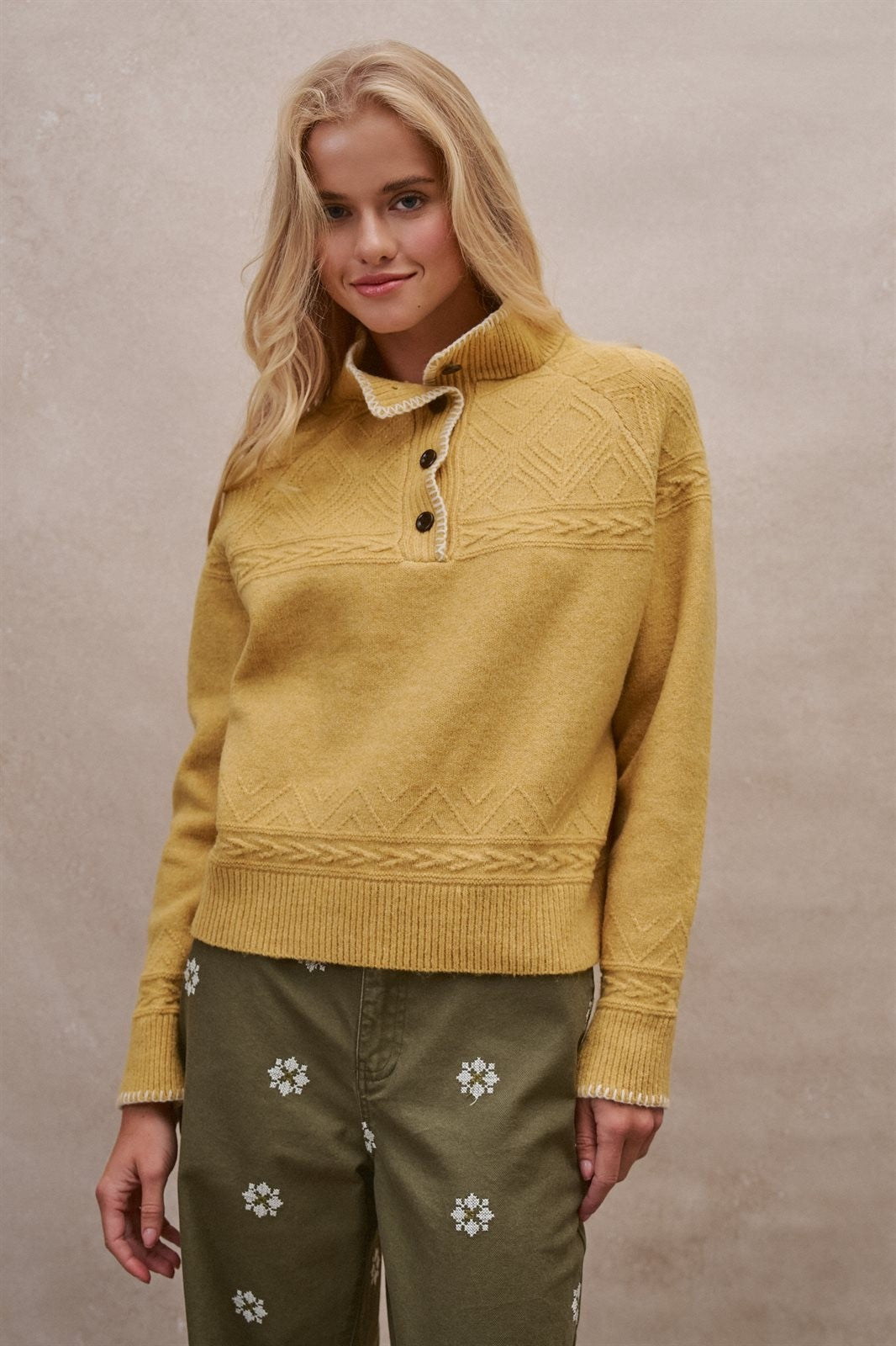 Cable Knit Mock Neck Button Pullover Sweater in Mustard - Women's Wholesale Sweaters | Trend Notes