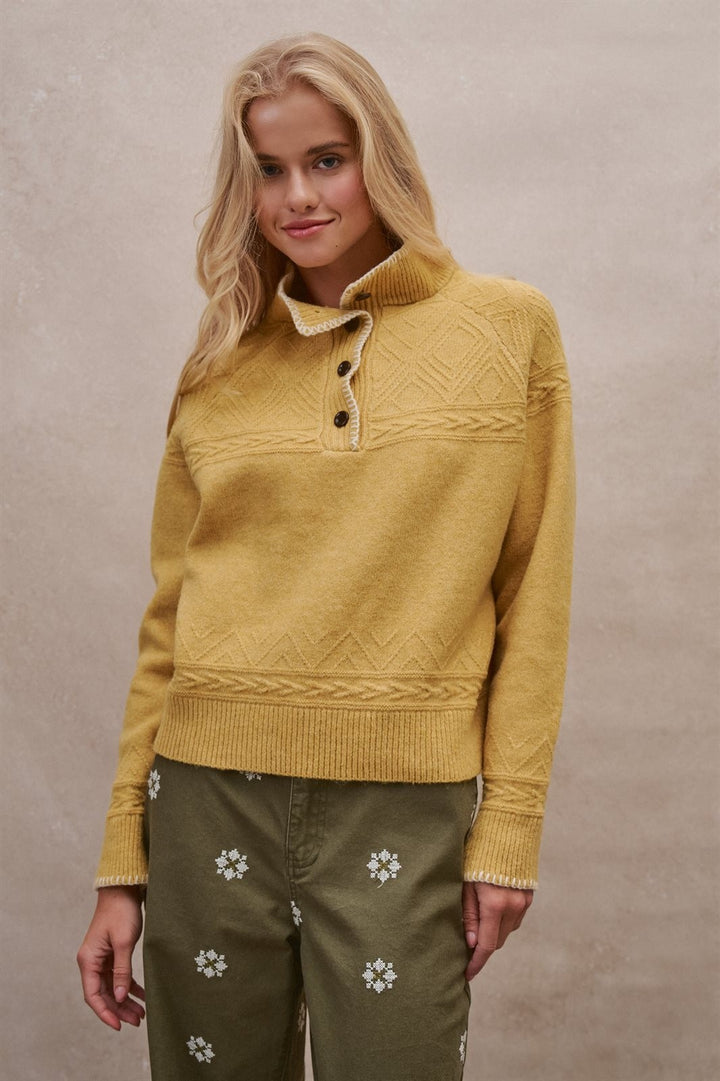 Cable Knit Mock Neck Button Pullover Sweater in Mustard - Women's Wholesale Sweaters | Trend Notes
