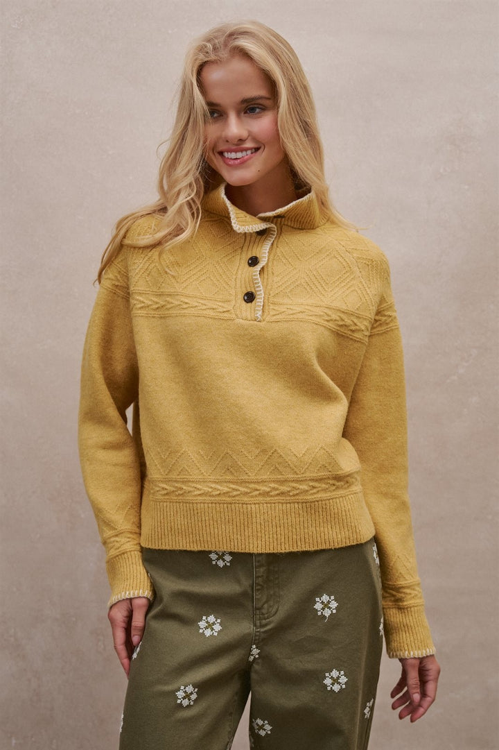 Cable Knit Mock Neck Button Pullover Sweater in Mustard - Women's Wholesale Sweaters | Trend Notes