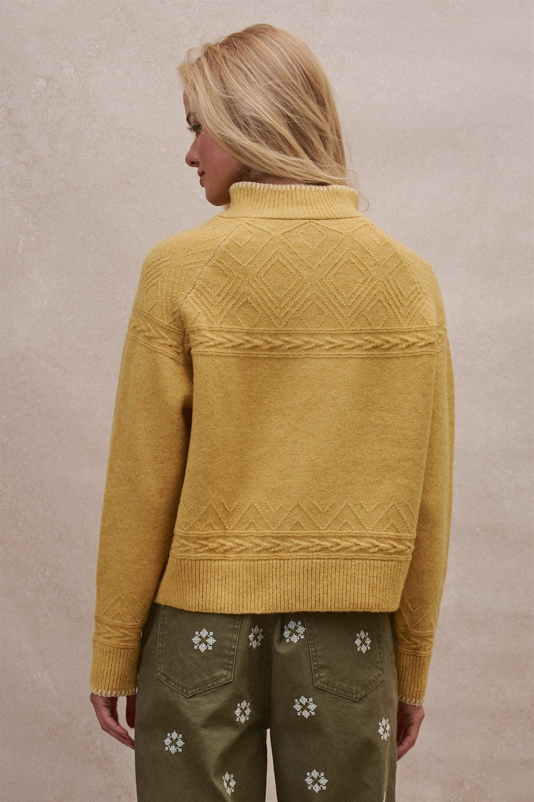 Cable Knit Mock Neck Button Pullover Sweater in Mustard - Women's Wholesale Sweaters | Trend Notes